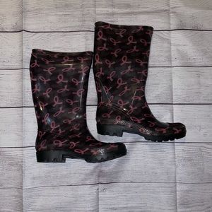 Women's Breast Cancer Rubber Black and Pink Rain Boots